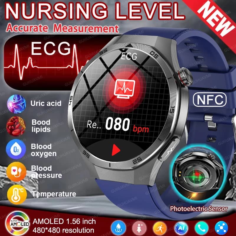 New Smartwatch 2026 with ECG+PPG, Blood Pressure Measurement, Laser Therapy, Diagnosis, NFC, for Men and Women, with Urico Acid Monitoring, Lipids, Cardiaca Frequency and HD Calls