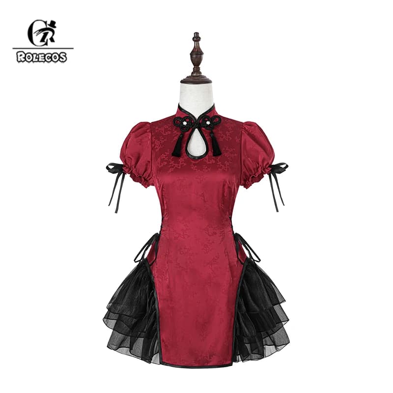 ROLECOS Nuovo Abito Originale Cinese in Stile Lolita Antico, Cheongsam Rosso e Nero per Donne, Costume da Cosplay per Halloween, Vestito Classico Leggermente Sexy