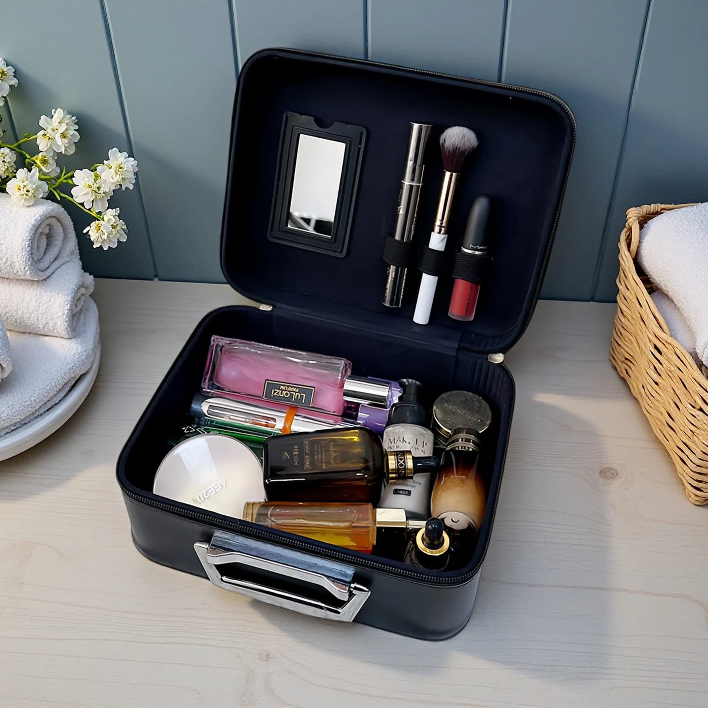 Borsa per il trucco da viaggio con specchio Custodia per cosmetici Borsa per organizer portatile per truccatori di trucco Porta pennelli per trucco