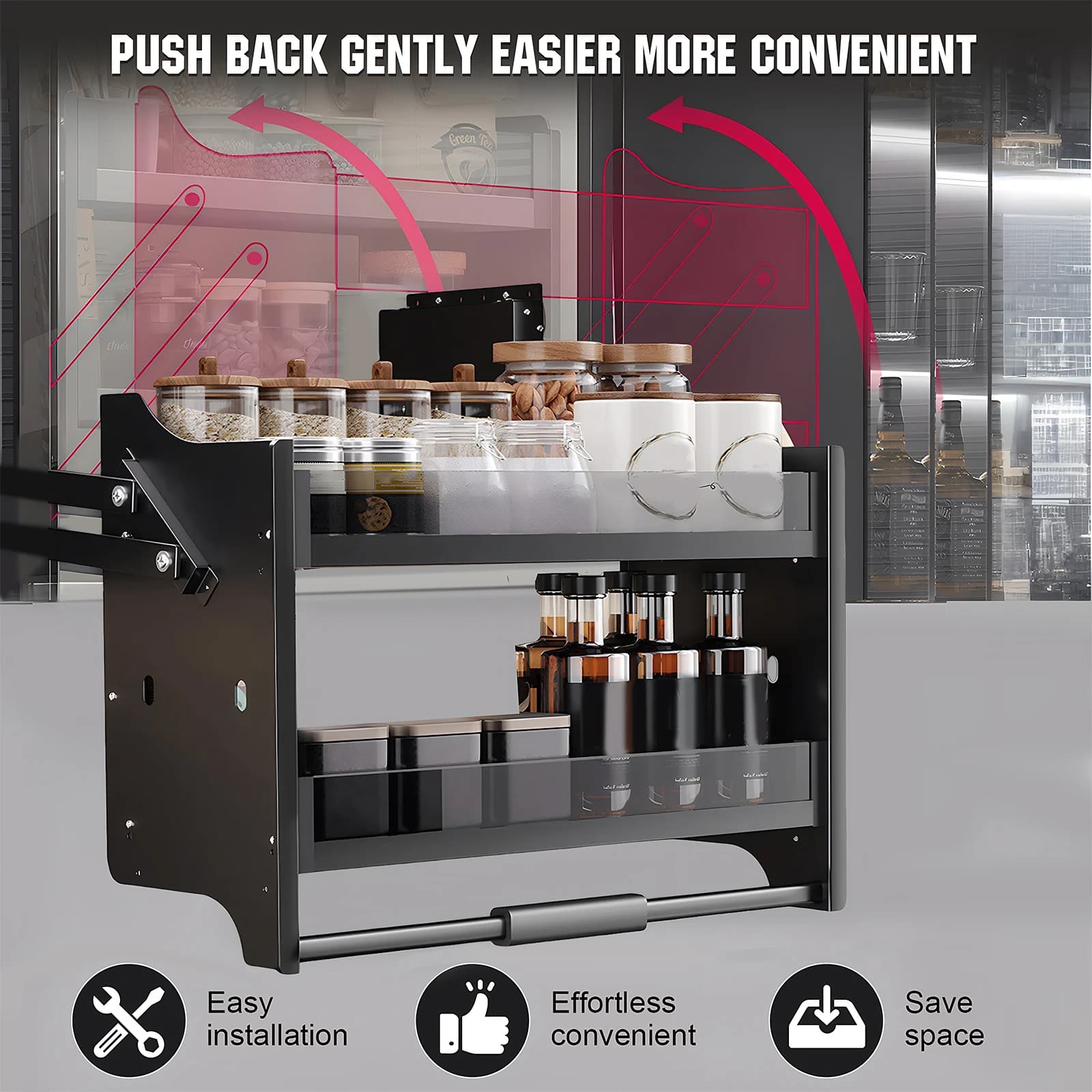 Organizzatore per Spezie in Acciaio Inox con Ripiano Regolabile, Maniglia Antiscivolo e Montaggio a Sospensione per Dispense e Armadi