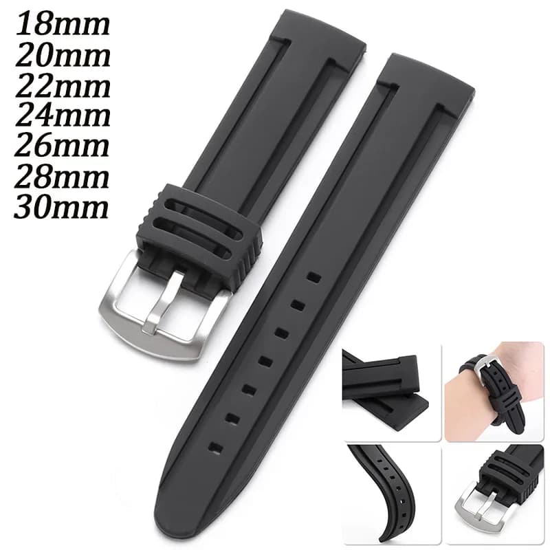 Soft Waterproof Silicone Watch Band Black Durable Rubber Strap 18/20/22/24/26/28/30mm Sport Wristband for Men Diving Bracelet