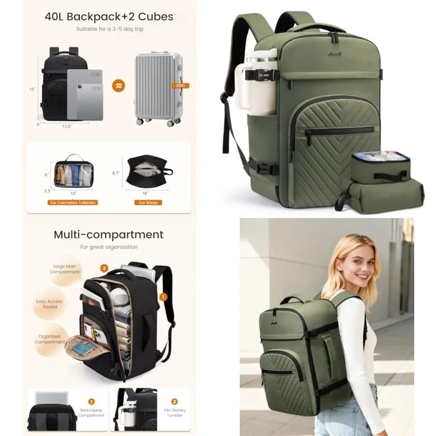 Zaino da viaggio da 40 litri per donna e uomo, borsa da viaggio per oggetti personali TSA, adatta per laptop da 17,3 pollici, bagaglio a mano impermeabile approvato per il trasporto aereo