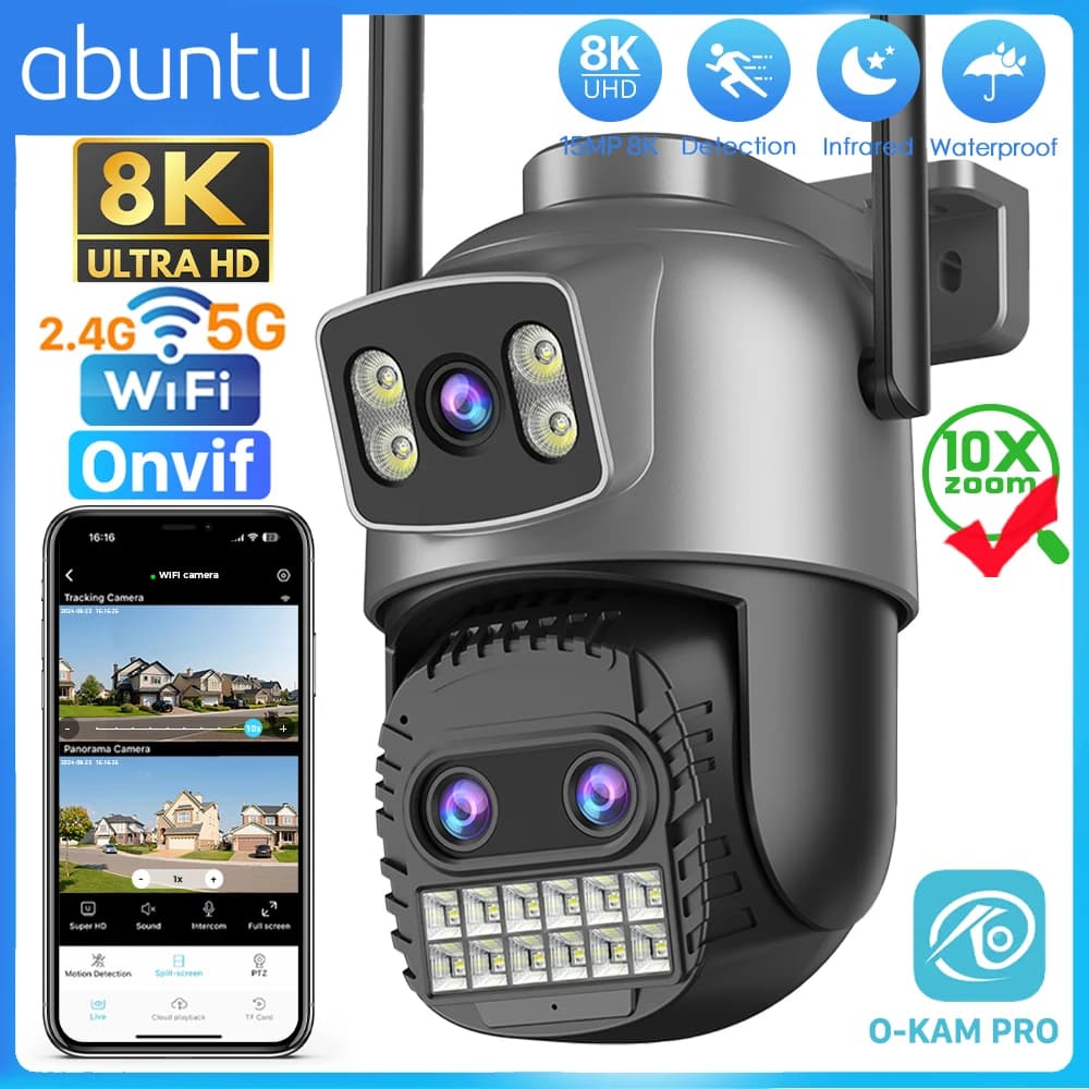 ABUNTU 15MP 8K 10X Zoom Telecamera IP Doppia Lente Doppia Schermi 5G Wifi Telecamera di Sorveglianza Sicurezza Strada Esterna Regalo Di Natale