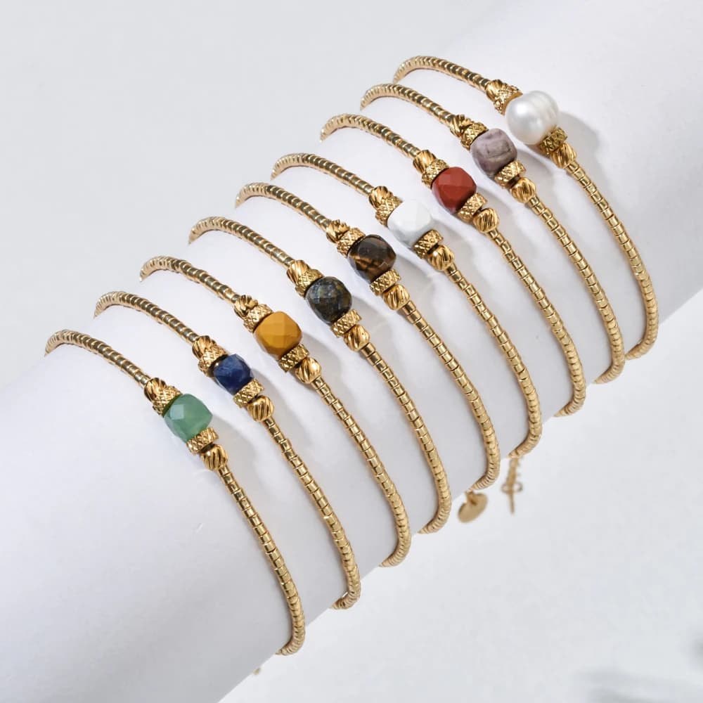 Plated Stainless Steel Beaded Bracelet for Women Vintage Luxury Square Natural Stone Jewelry Waterproof Miyuki Beads