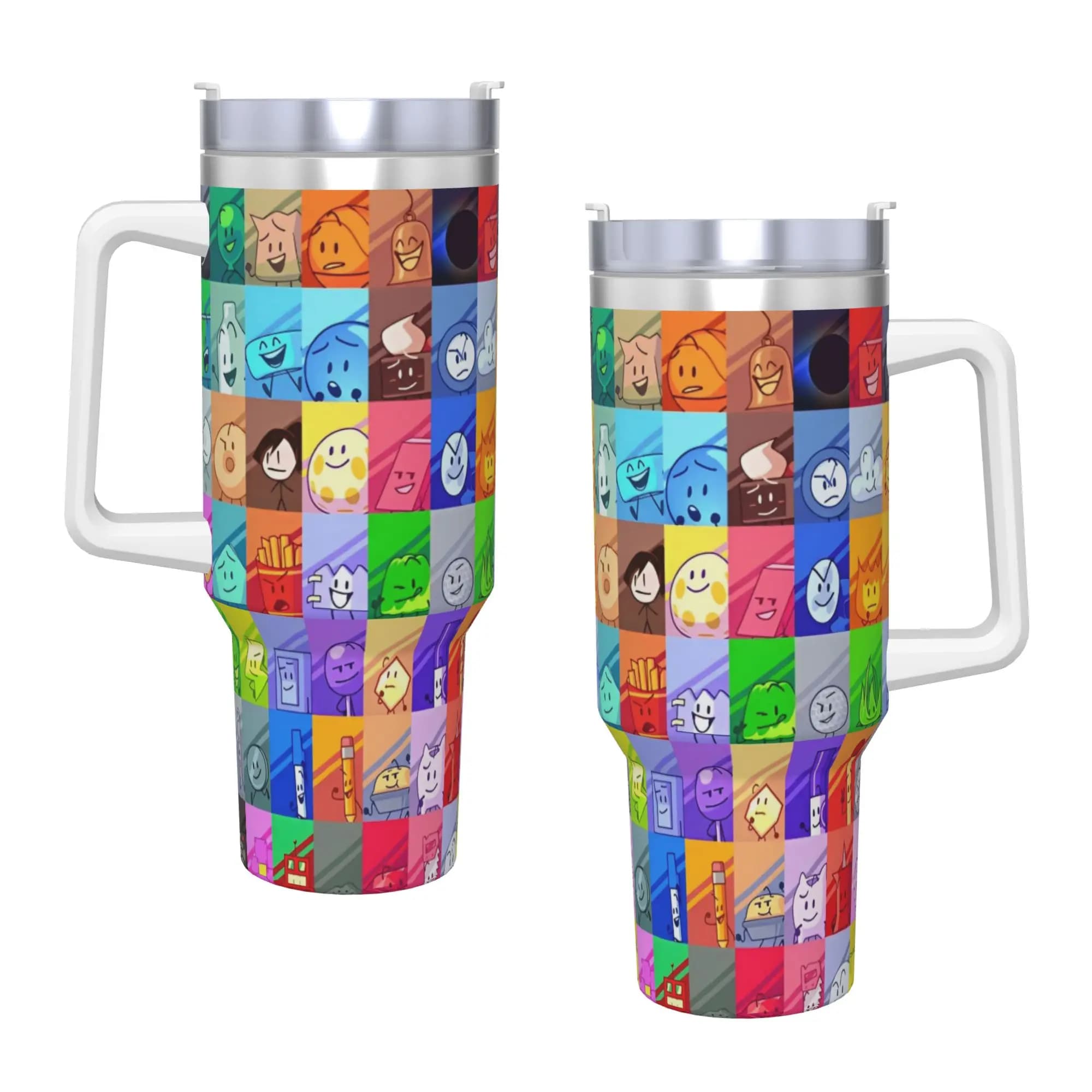 Tazza in Acciaio Inox BFDI Inanimate Insanity con Tutti i Personaggi, con Cannucce e Coperchio, Grande Bicchiere per Bevande Calde e Acqua