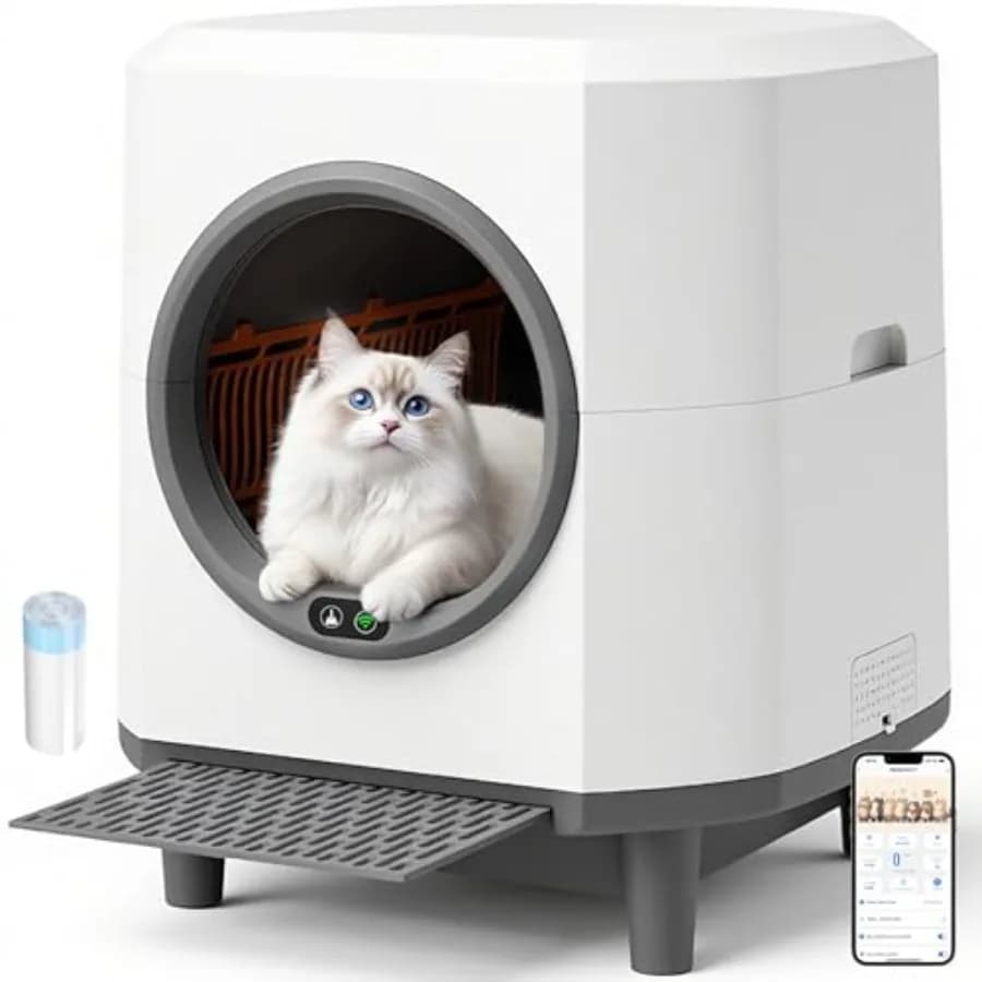 Lettiera Automatica Autopulente 90L Controllabile tramite App con Doppia Protezione di Sicurezza 1 Rotolo Sacchi per Rifiuti Bianco