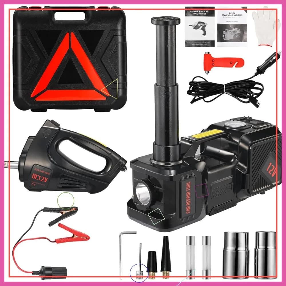 Kit Martinetto Elettrico 12V da 5 Tonnellate con Gonfiatore e Avvitatore a Impulsi per Cambio Pneumatici SUV, Berlina e Camion
