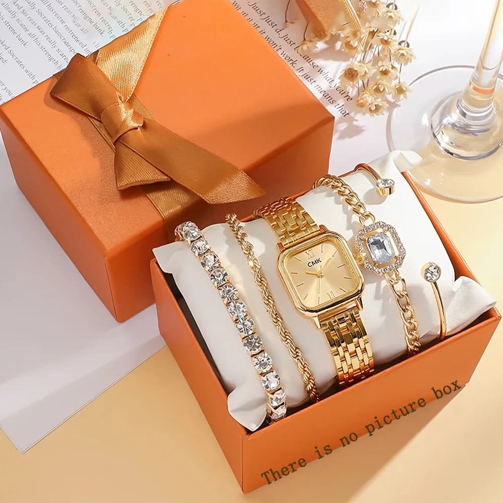 Orologio al quarzo da donna con quadrante quadrato compatto di lusso leggero e alla moda, cinturino in lega, set di gioielli con diamanti, 5 pezzi per il Ringraziamento, Natale
