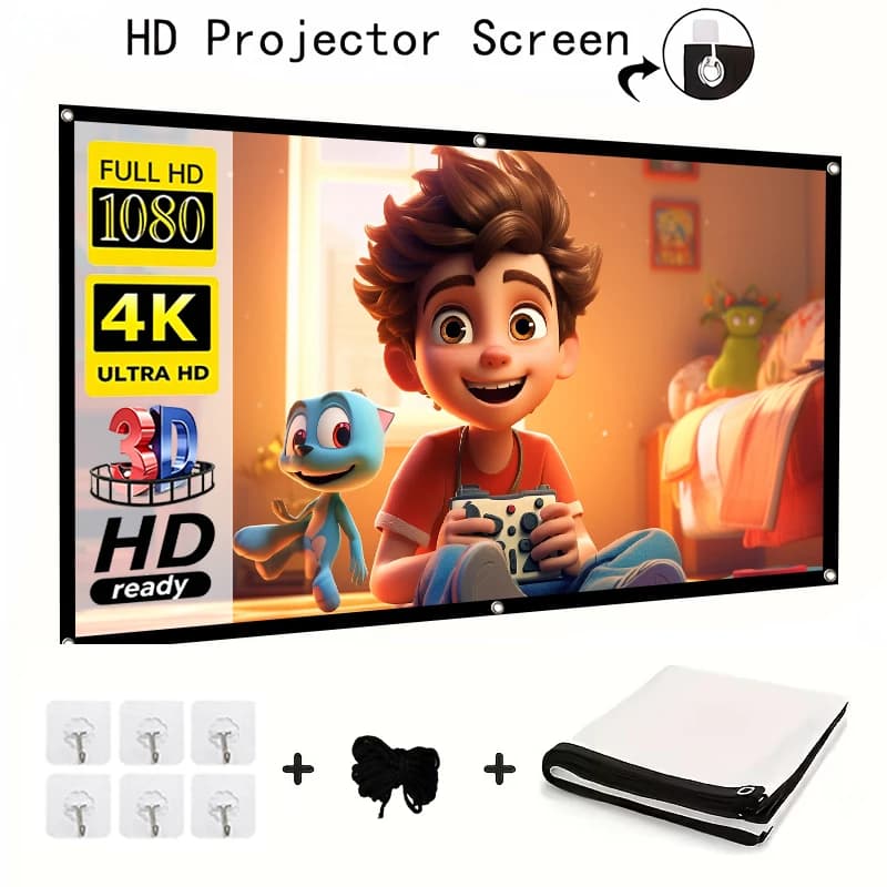 Portable Projector Screen No Drilling White Foldable HD With Eyelets Hanging Cloth For Home Cinema Bedroom