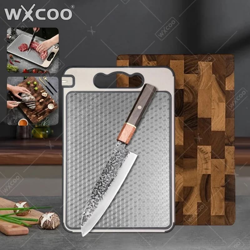 WXCOO Set di 1-3 Coltelli da Macellaio Giapponesi per Tagliare Frutta, Coltello da Cucina Forgiato a Mano, Tagliere in Legno di Acacia Spesso, Coltello Santoku