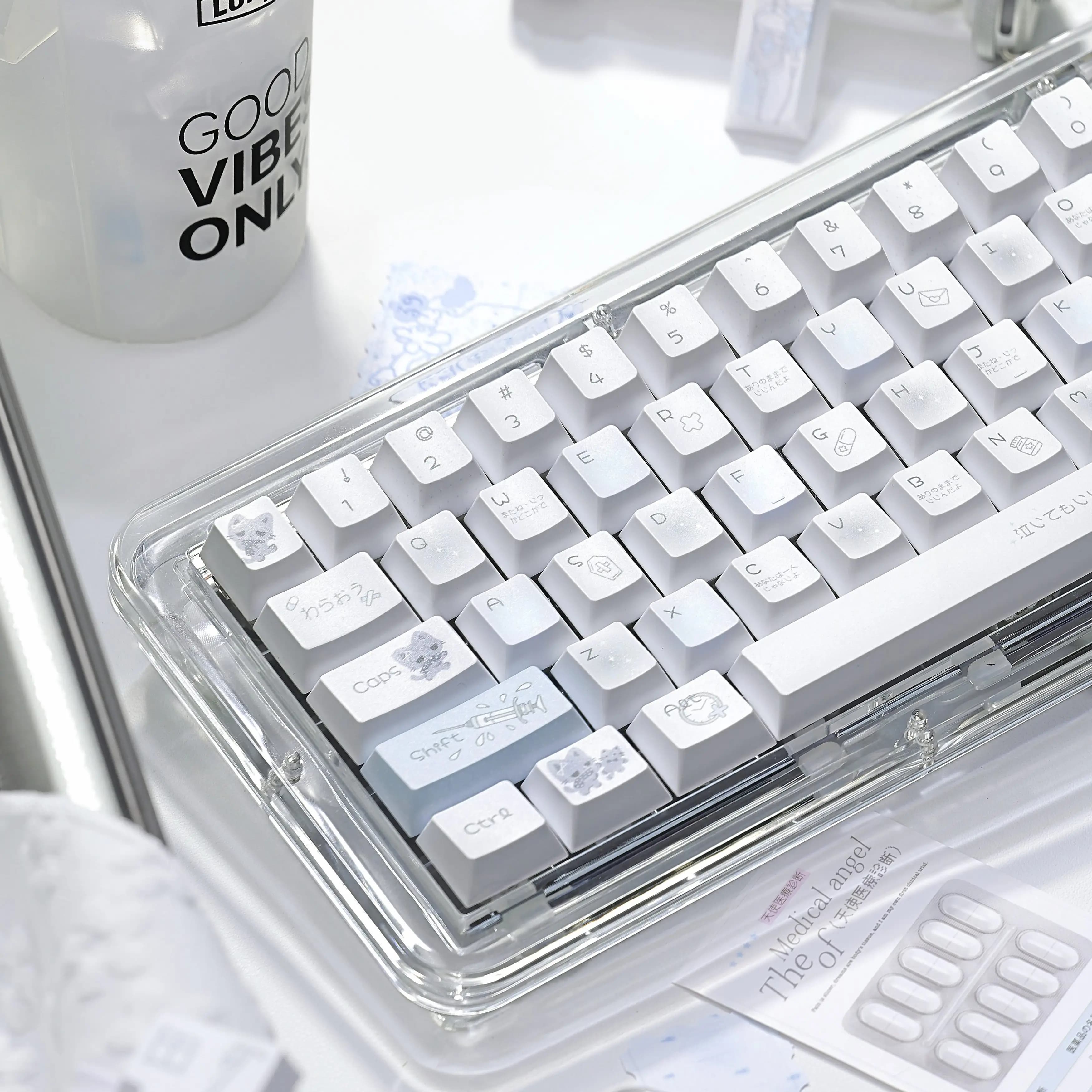 MAIMOOO Cute Cat Doctor Keycap Cherry FOA Profile Light Blue PBT Dye Sub Custom Kawaii Kitten Keycaps for Mechanical Keyboard