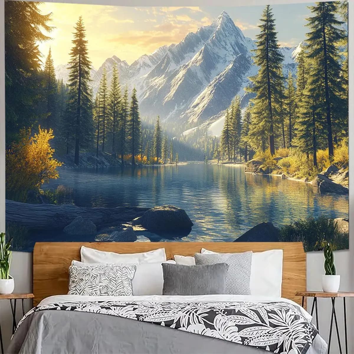 Tranquility Lake Snow Mountain Scenery Tapestry Wall Hanging, Nature Forest Plant Trees Pictures Art Wall Tapestries Blanket for