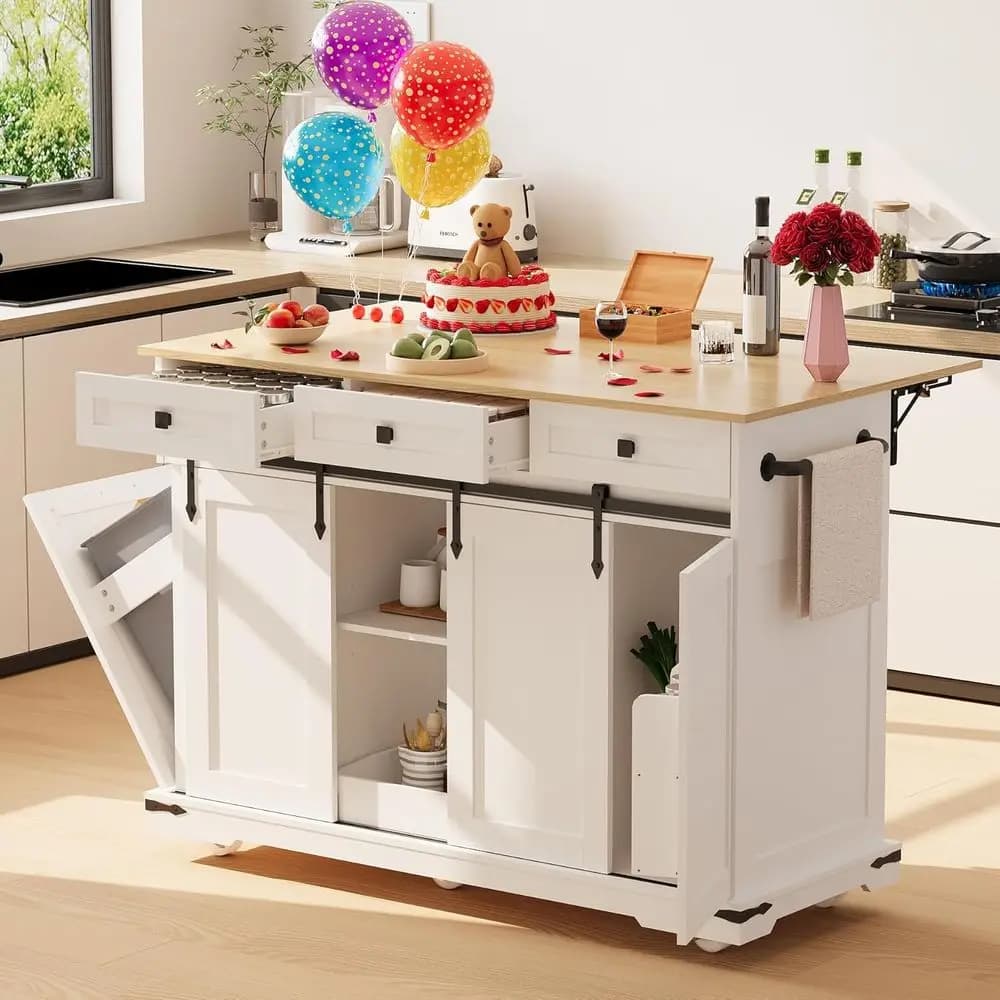 Grande Isola da Cucina Mobile con Presa di Corrente, Carrello da Cucina su Ruote con Ripiano Estraibile, 3 Cassetti, Contenitore per Rifiuti, Porta Spezie
