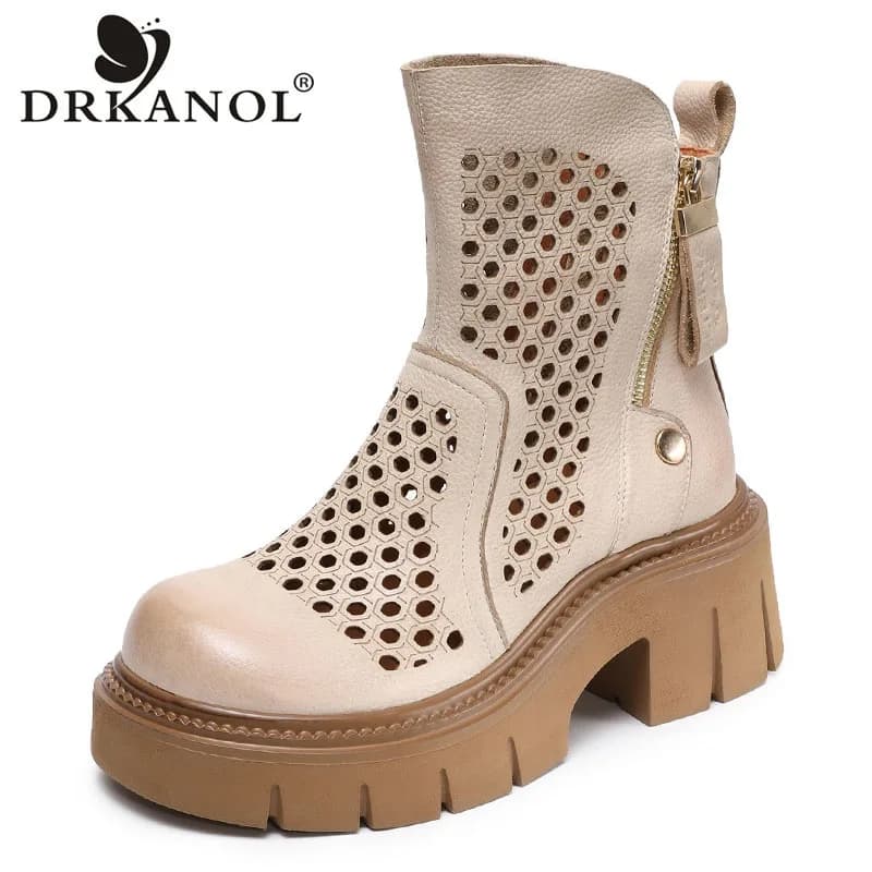 DRKANOL Stivali Estivi alla Moda per Donne, Traspiranti in Vera Pelle di Vacchetta, Tacco Spesso, Piattaforma Chunky, Stivaletti con Cerniera