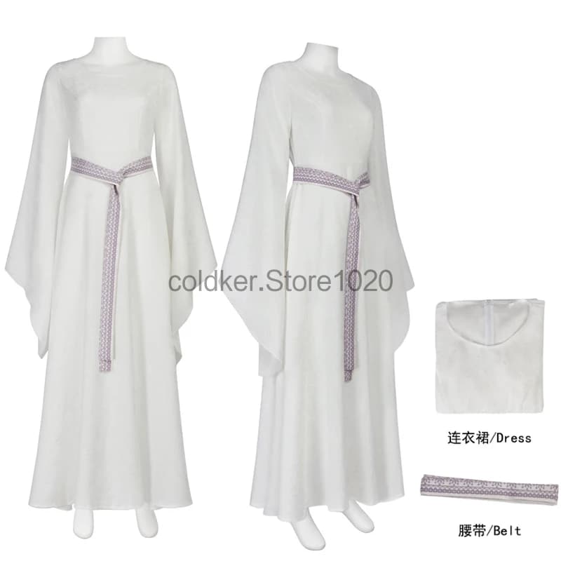 Costume cosplay della regina elfo del film per donna Fantasia Galadriel Cosplay Abito bianco con cintura Lady Abiti da festa di carnevale di Halloween