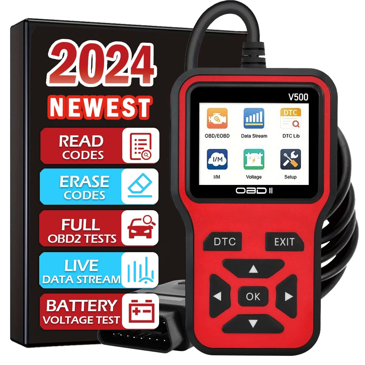Lettore di codici per strumenti diagnostici per scanner OBD2 per auto, scanner per codici di guasto del motore per tester di tensione per auto, strumento diagnostico per tester di ricarica V500