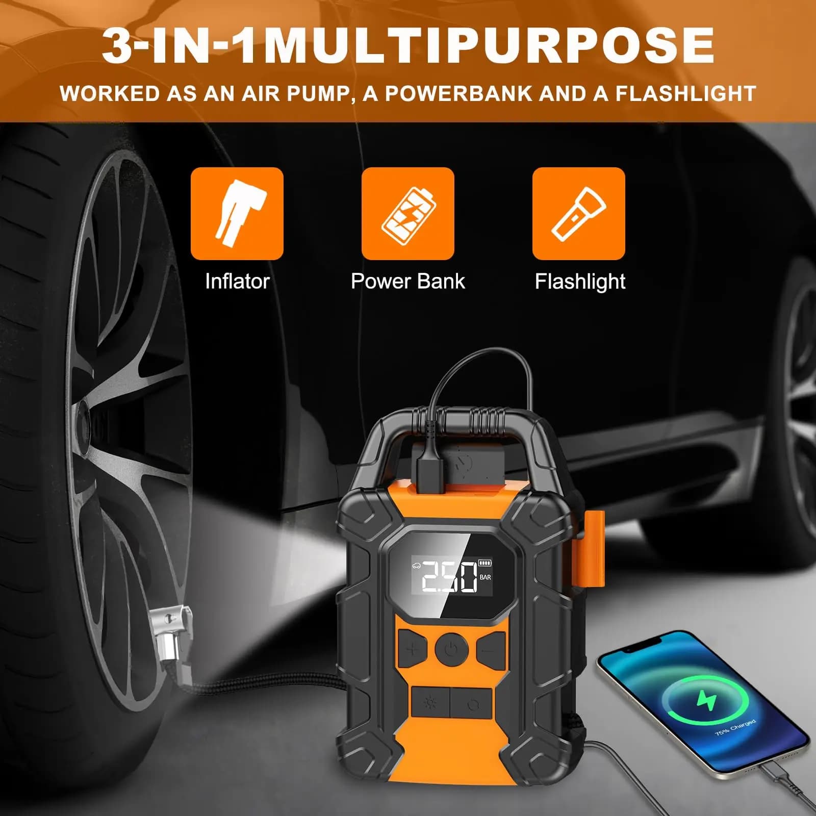 Compressore d'aria portatile elettrico per pneumatici auto, 150 PSI, pompa per pneumatici, iniettore d'aria, 60 L/min