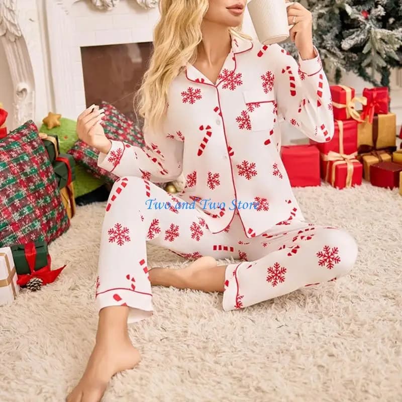 HX6F Christmas Women's Long-Sleeved Printed Satin Pajama Set