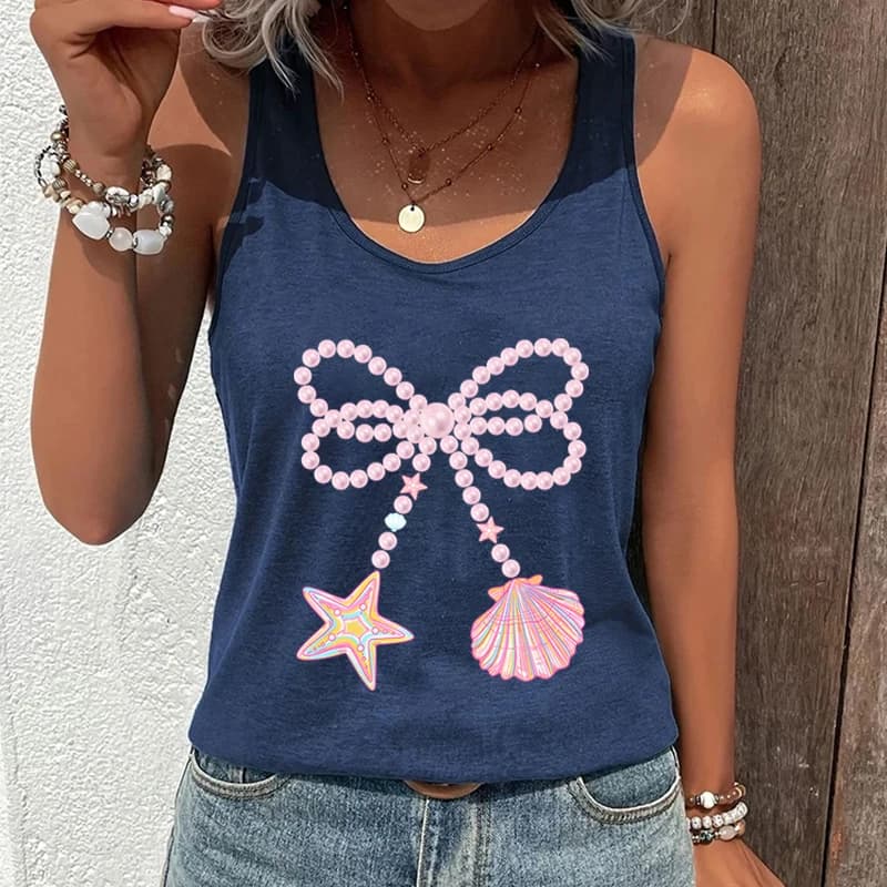 Canotta da donna Coquette con fiocco di perle e grafica, Top corto estivo, Canotta racerback trendy da donna per il mare
