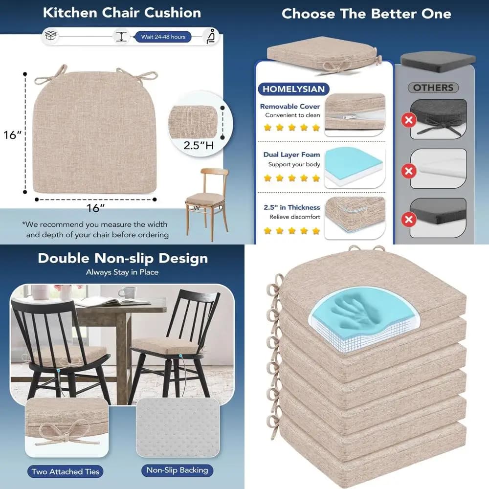 Cuscini per Sedie Antiscivolo Lavabili con Lacci, Set di 6 Cuscini in Memory Foam, 16x16x2.5, Beige