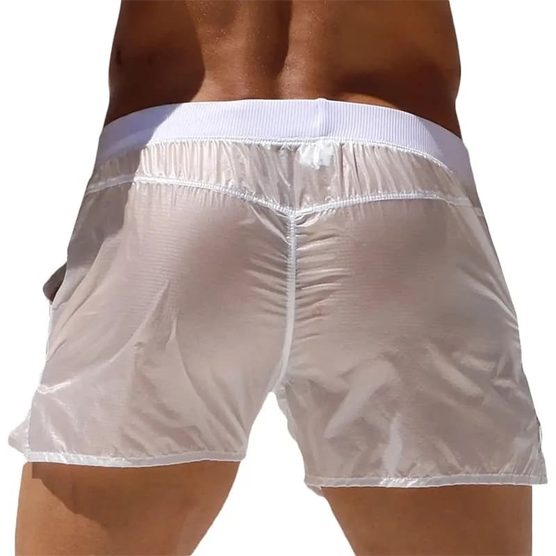 2025 Pantaloncini da surf maschili alla moda Costume da bagno da uomo Elastico in vita Pantaloncini da spiaggia estivi trasparenti Costumi da bagno con tasche