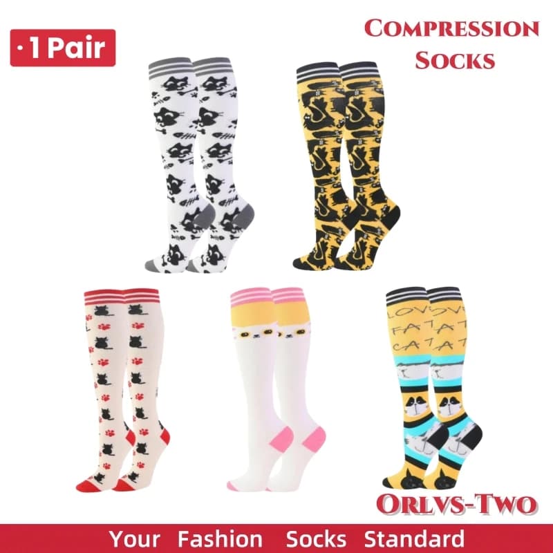 1 Pair Cute Cat Compression Socks Knee High 20-30 Mmhg Fit Medical Edema Diabetes Varicose Veins Running Sports Socks