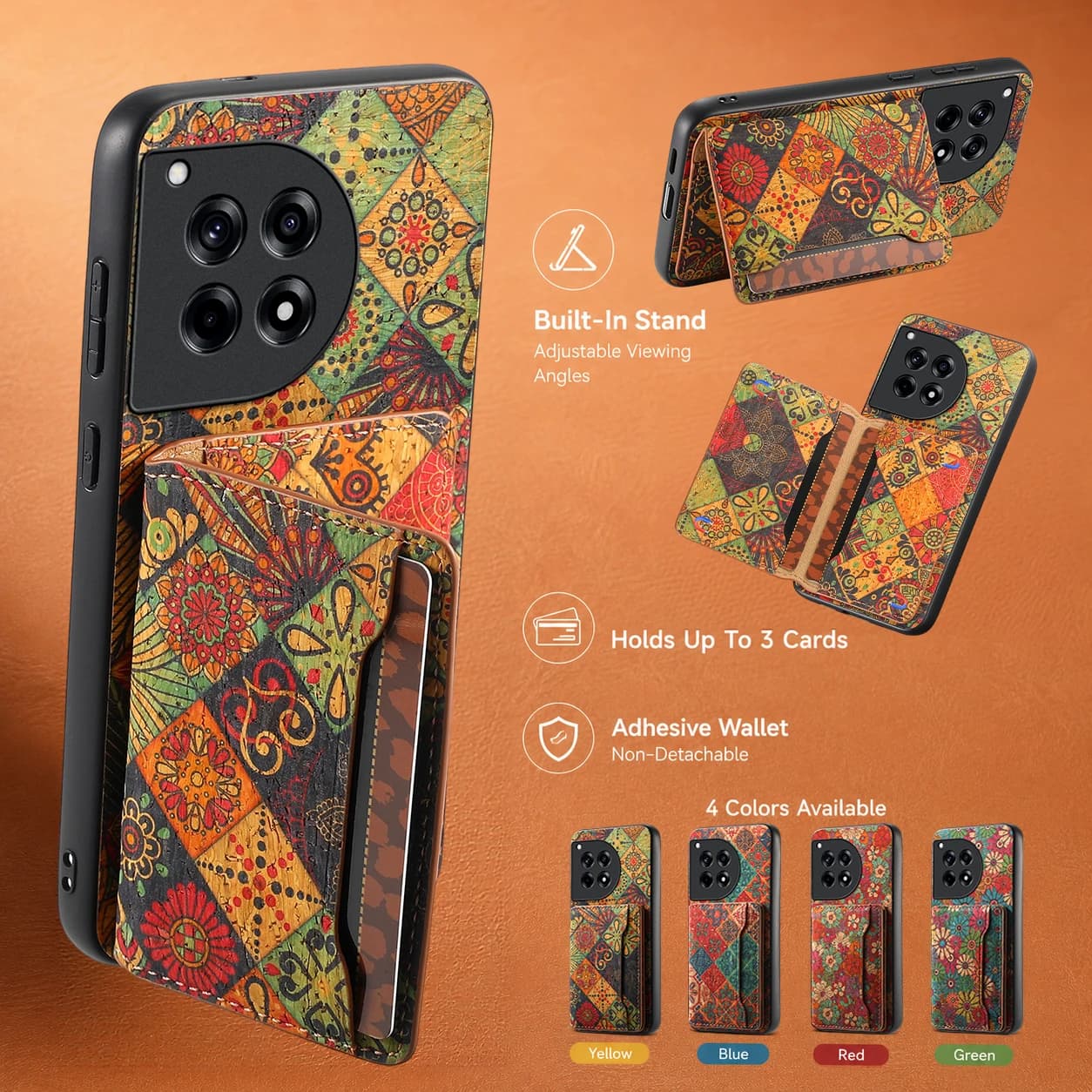 Denior Boho Floral Cork Wood Wallet Phone Case For Oneplus 13 12 11 Ace 3 Pro Ace 2V With 3 Card Slots Kickstand Non Magnetic