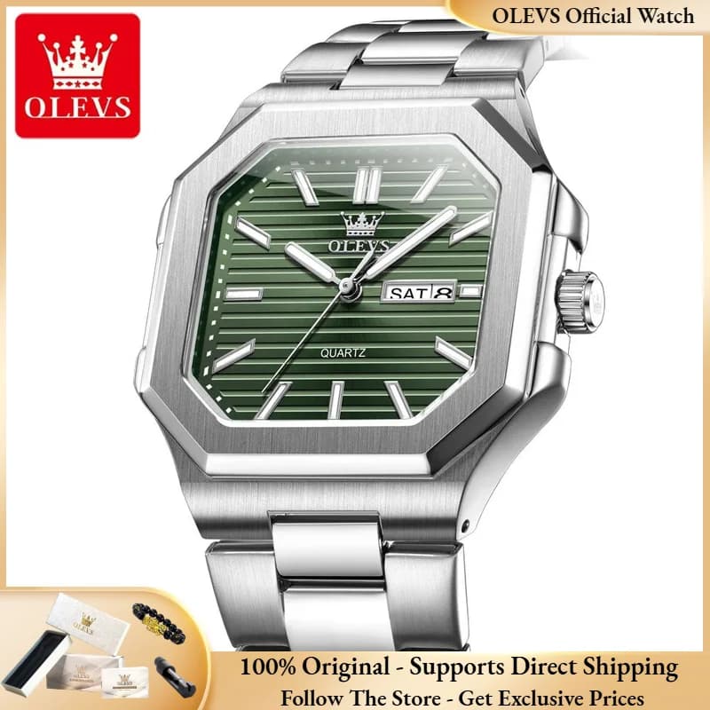 OLEVS 3731 Men's Watch Fashion Casual Square Quartz Original Stainless Steel Luminous Waterproof With Automatic Date