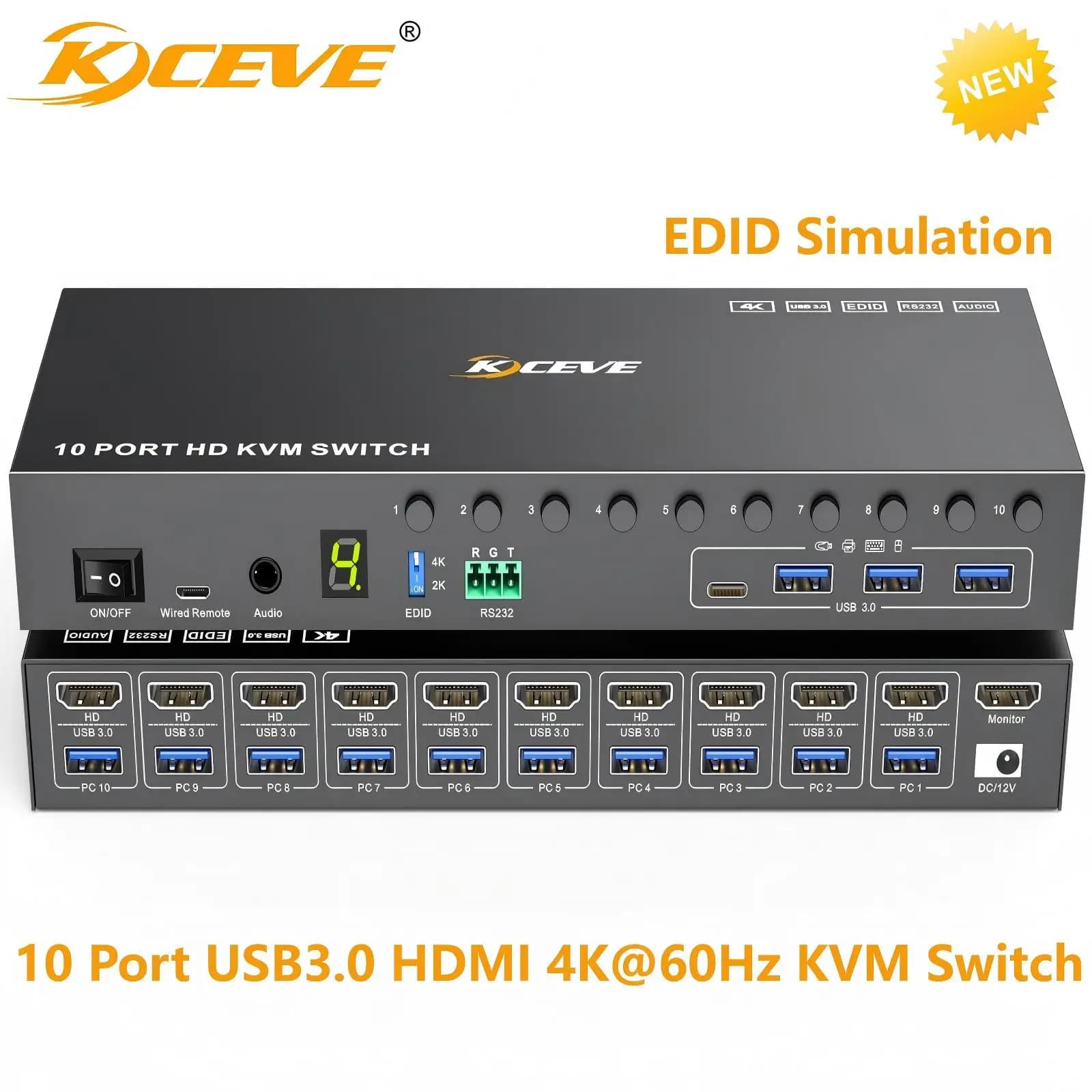 10 port KVM switch and 8 ports HDMI 4K 60 Hz EDID simulation, USB 3.0 KCEVE switch for 10 computers Share 1 monitor + 4 USB devices