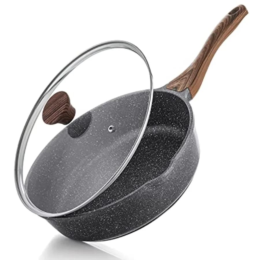 Padella Profonda Antiaderente da 10/11/12 Pollici con Coperchio, Manico Isolante, Pentola in Pietra Sana, Compatibile con Induzione, 3.5QT, Nera