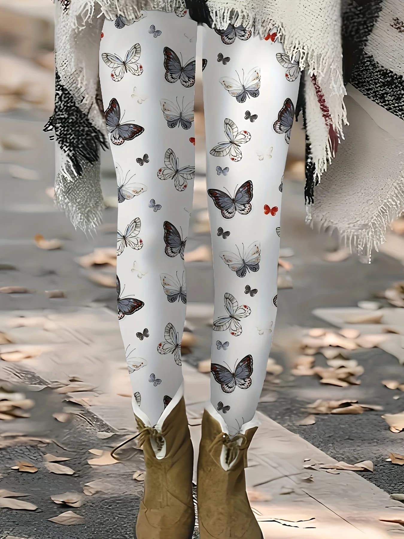 Leggings da donna con stampa di farfalle bianche, pantaloni casual elasticizzati con motivo floreale a forma di insetto