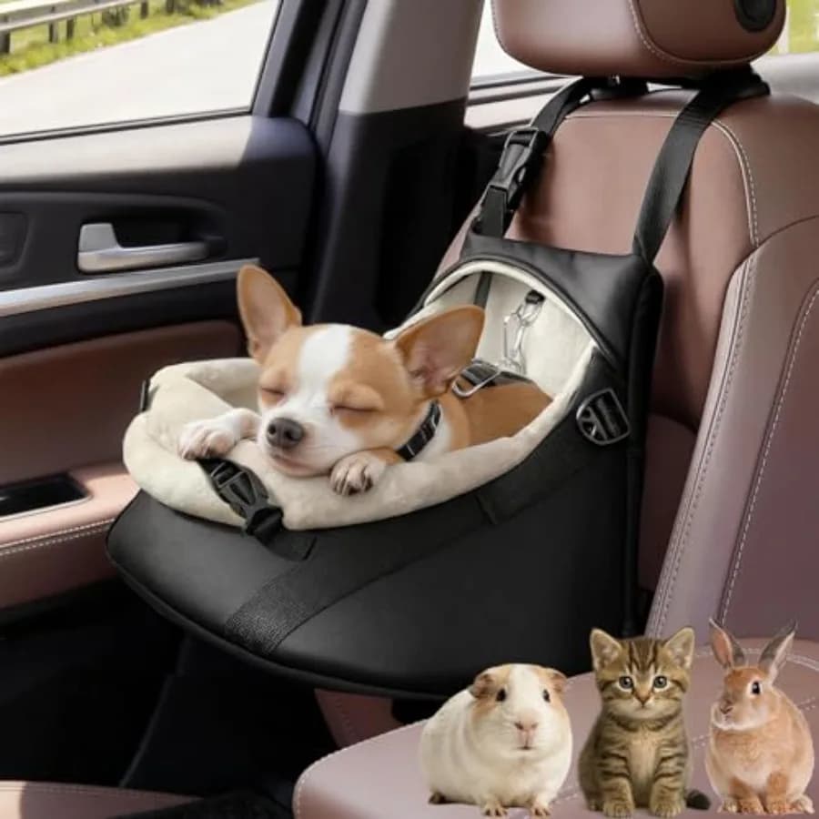 Seggiolino Auto per Cani Piccoli da 1-7 libbre, per Teacup Chihuahua Yorkie, Lussuoso in Pelle PU, con Cintura di Sicurezza e Cuscino Morbido, Nero