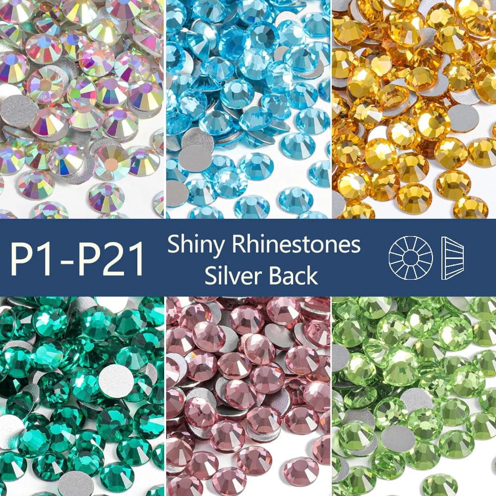 P1-P21 Colore Glitter Non Hotfix Strass SS3-SS34 Vetro con retro piatto Strass Nail Art Diamante per la decorazione dell'abbigliamento