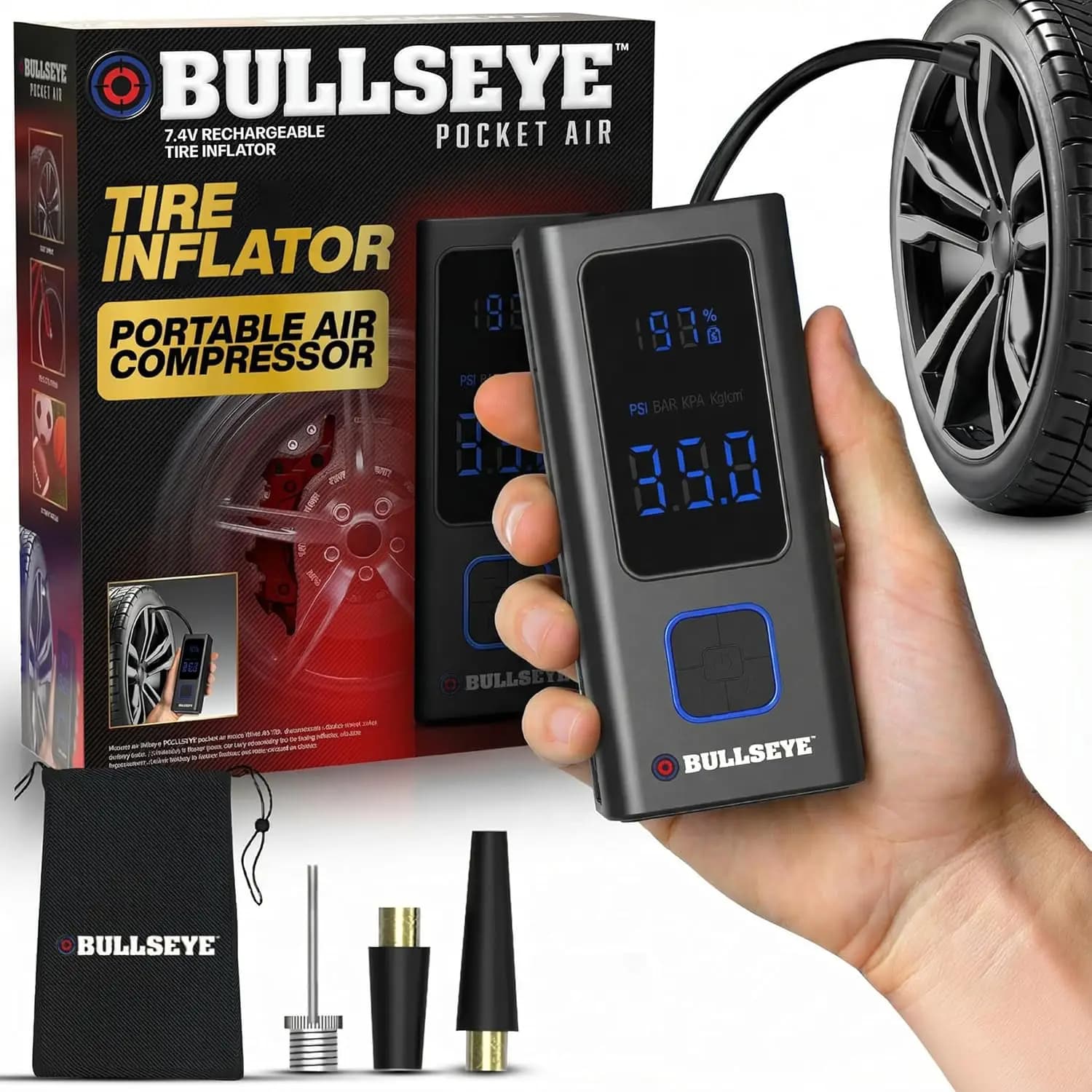 Compressore d'Aria Portatile con Spegnimento Automatico, Ricaricabile 4000MAH, 100 PSI per Auto e Biciclette