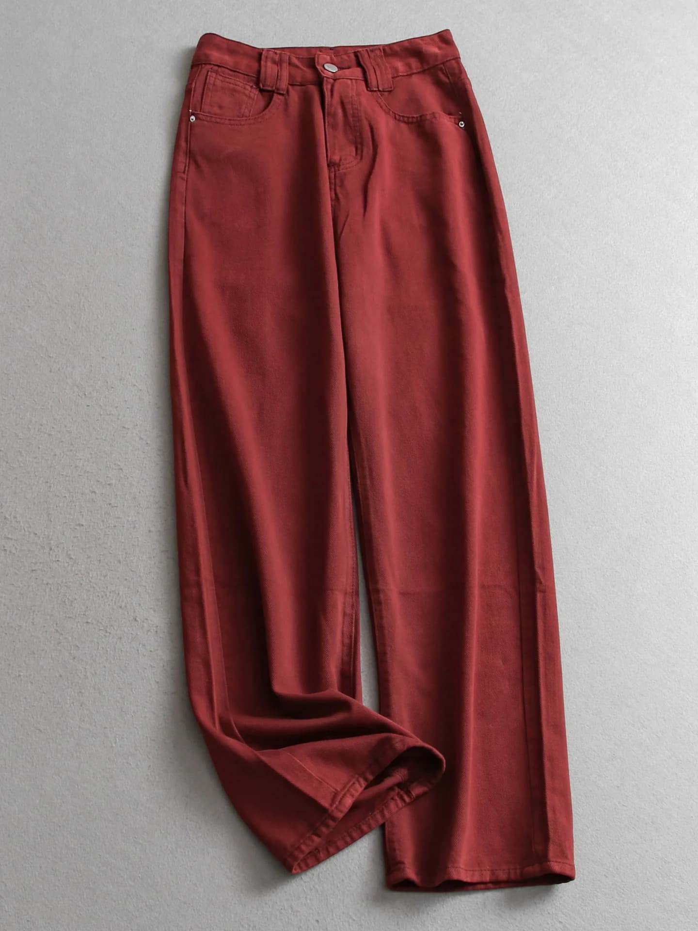 Loose High Waist Women's Jeans Red Lazy Loose Feeling Floor-Length Straight Leg Pants Autumn New Style V617 Casual Cotton Denim