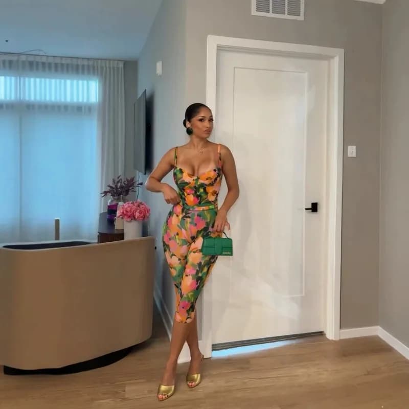 Women Floral Print Slim 2 Piece Set Ruched Spaghetti Straps Backless Tanks Tops + Skinny Calf Length Pants Casual Beach Suits