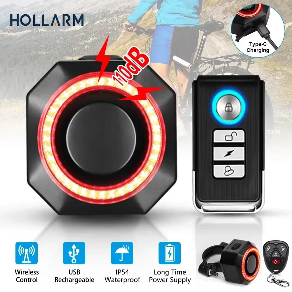 Hollarm Anti-theft alarm for bike Backlight Anti-theft USB Charge for bicycle Intelligent brake sensor Rear lamp for alarm bike with remote control