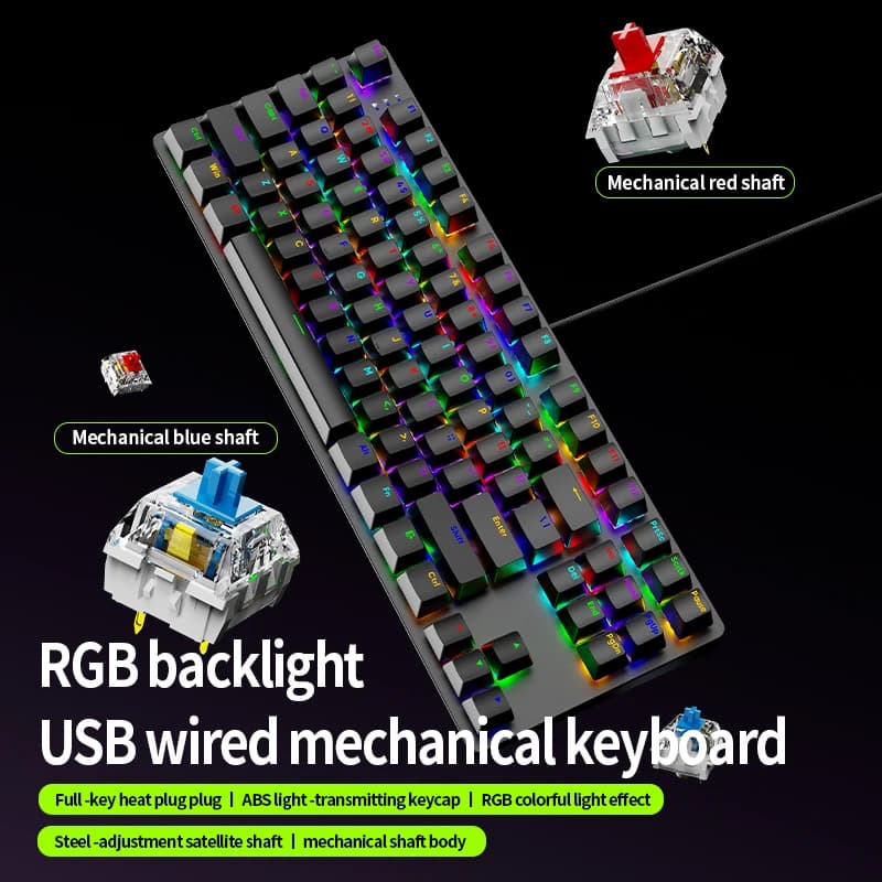 AK87 Hot Swappable Mechanical Gaming Keyboard, RGB Backlit USB Wired, Anti-Ghosting Full Keys, Red/Blue Switch, ABS Keycaps