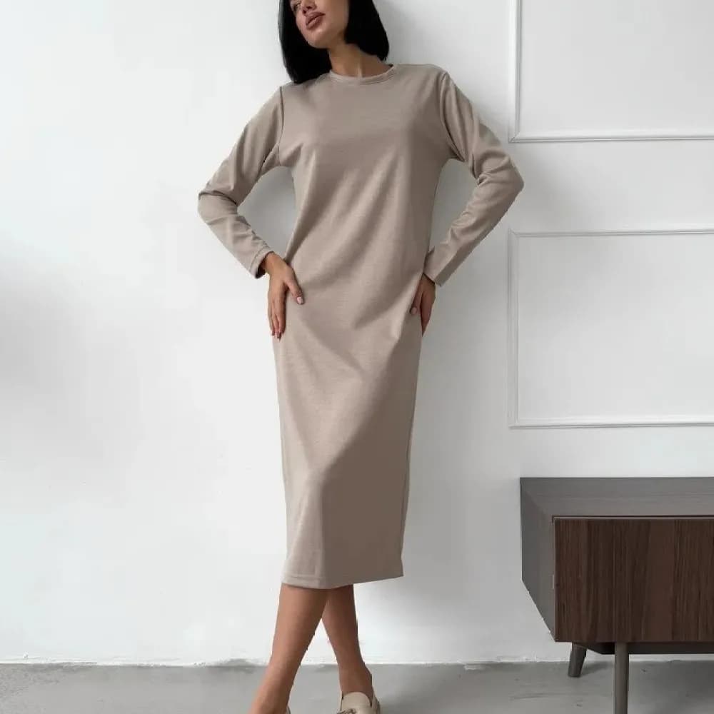 Elegant Women Midi Dress Autumn Winter Long Sleeve Bodycon Dresses Solid Color Casual Slim Fit Soft Milk Silk Lady Robes