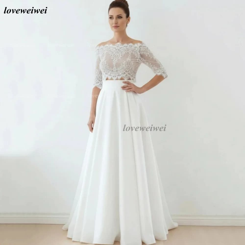 Abiti da sposa vintage in pizzo personalizzato con spalle scoperte Abiti da sposa linea A con bottoni Abito da sposa lungo fino al pavimento vestido de novia