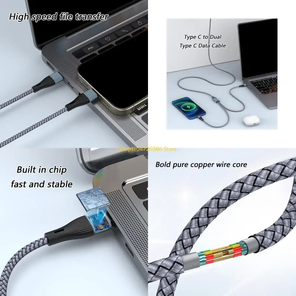 K0EA Nylon Braid Double USB C Charging Cable PD100W Fast Data Transfer For Multiple Electronics