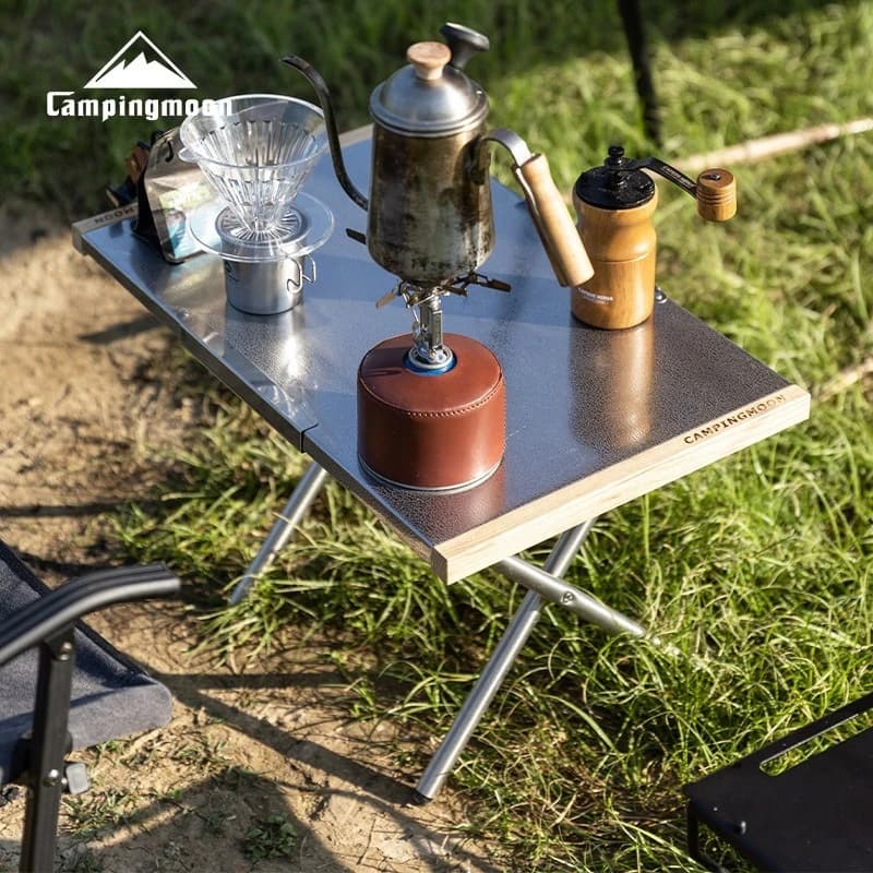 CAMPINGMOON T-380-1T Tavolo Pieghevole Portatile X-Leg in Acciaio Inox Resistente, Set Tavolo da Campeggio con Spazio di Archiviazione