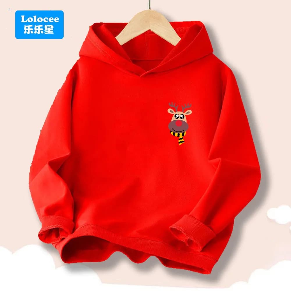 Kids Red Hoodie with Reindeer Cartoon Print Pullover Sweatshirt for Boys Girls Toddler Christmas Casual Hooded Top SDL1