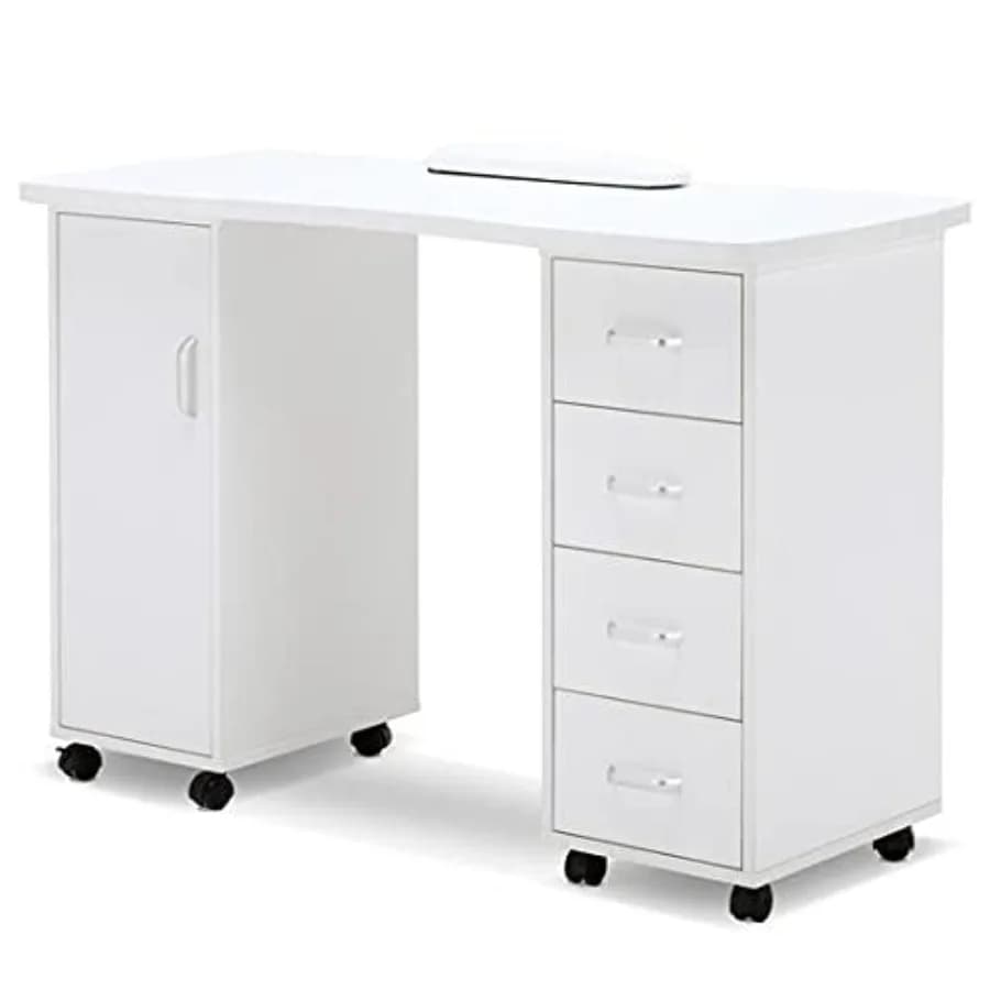 Manicure Table - Acetone Resistant Nail Desk with 4 Drawers, 2 Cabinets, Lockable Wheels, Wrist Pad for Nail Tech, Beauty Salon