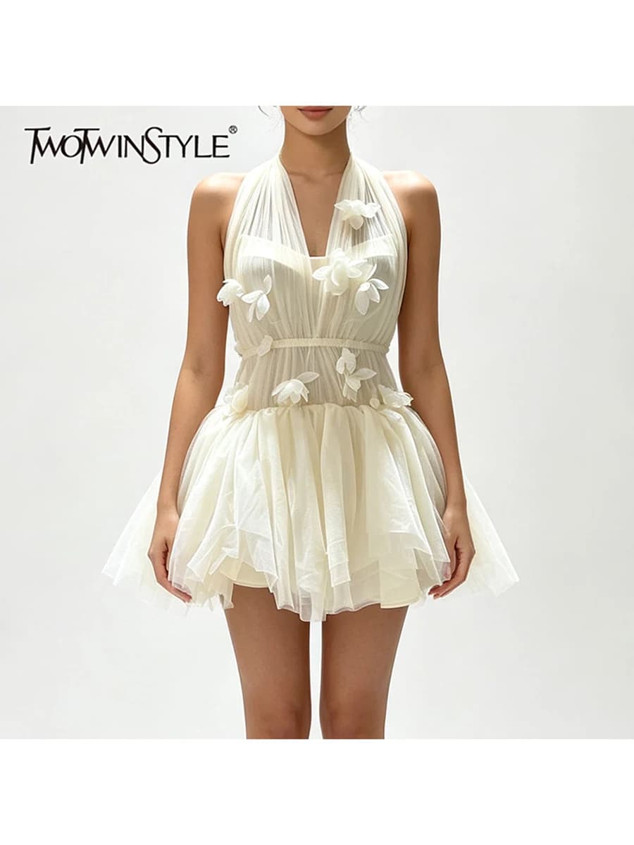 TWOTWINSTYLE 3D Flower Slimming Solid Spliced Mini Dress for Women Halter Neck Sleeveless Patchwork Zipper Dresses Female New
