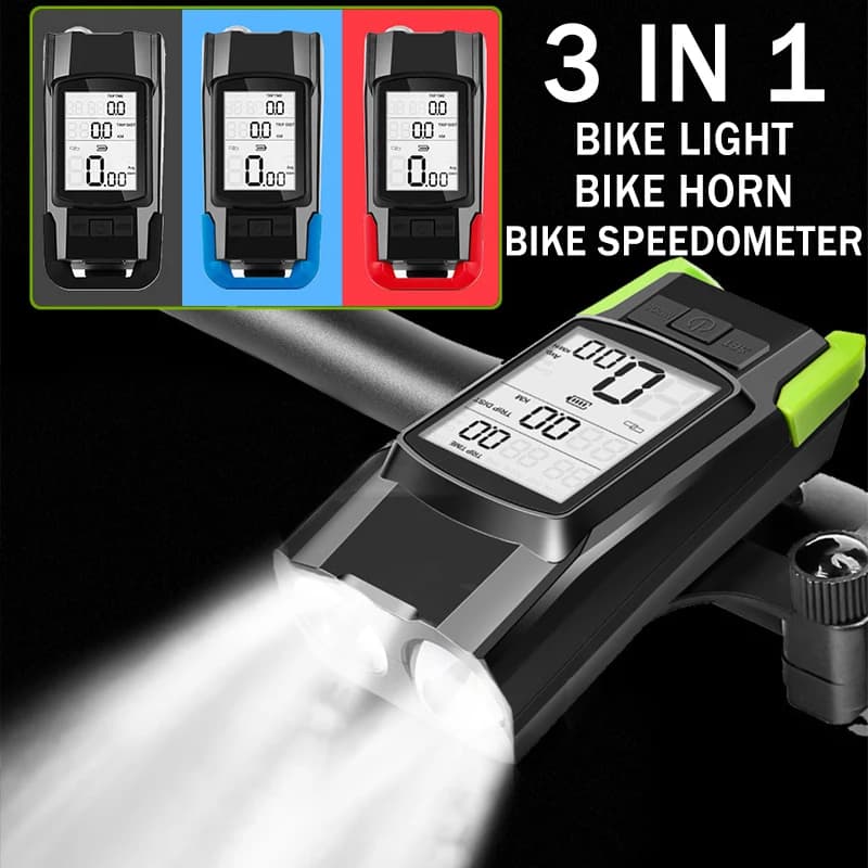 Front Bicycle Light 3 in 1, Wireless Speedometer, Clacson 120db, Waterproof 800 Lumen Light, Cycling Accessories