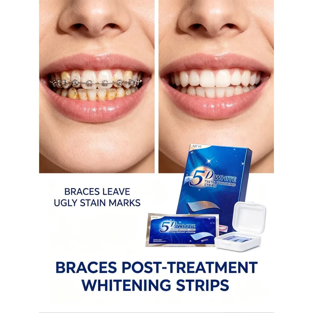 5D teeth whitening strips, individually wrapped for convenient use, easily remove yellow stains from teeth.