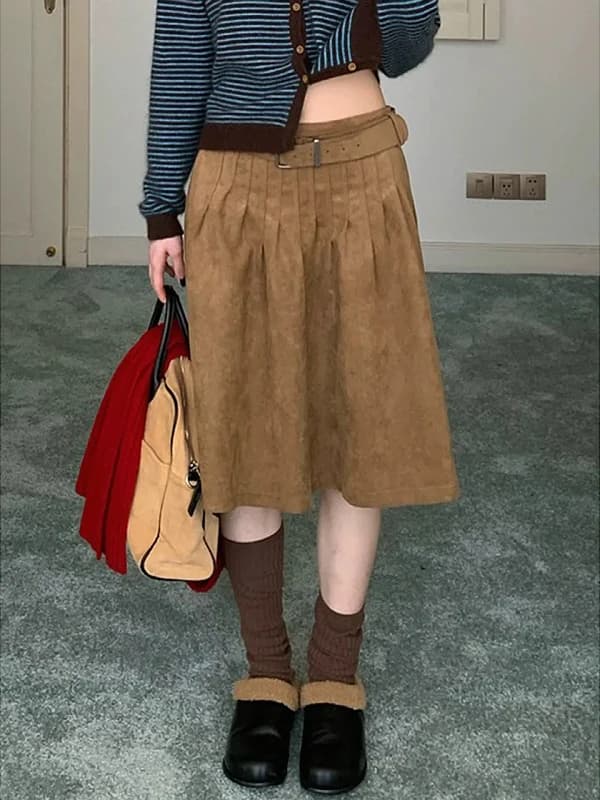 High Waist Vintage Suede Pleated Skirt Women's Belted Versatile Midi Skirt Slimming Effect Autumn Winter New Style Casual Wear