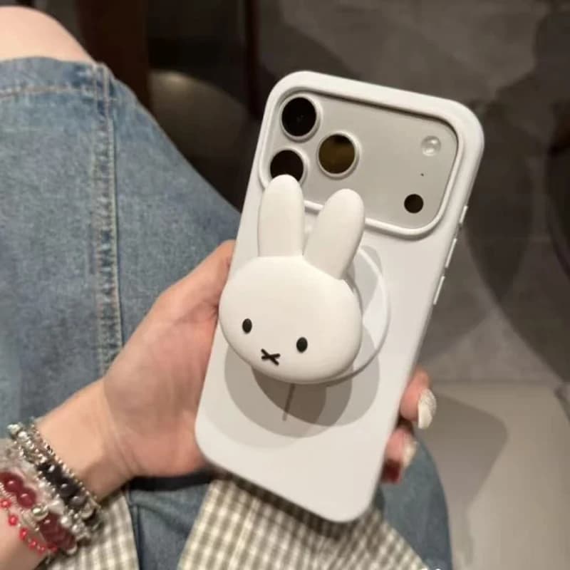Custodia per telefono Miffy simpatica, adatta per iPhone 17 16 15 14, con coniglio bianco cartone animato, supporto magnetico, in silicone anti-caduta