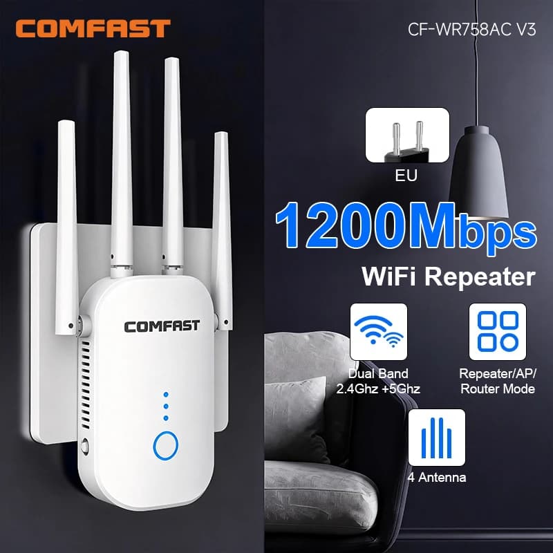 COMFAST Ripetitore Router WiFi 6 da 1200Mbps con 4 Antenne Gigabit 2.4/5.8Ghz, Amplificatore di Rete Wireless Wi-Fi per Casa